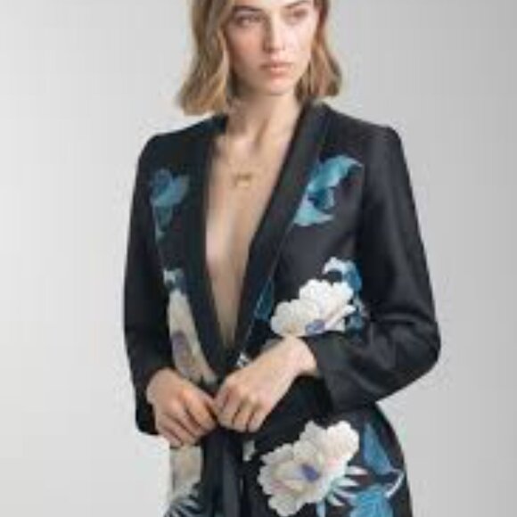 Zara Floral Printed Black Tie-Waist Kimono Blazer Jacket Wrap Belt - Picture 8 of 8
